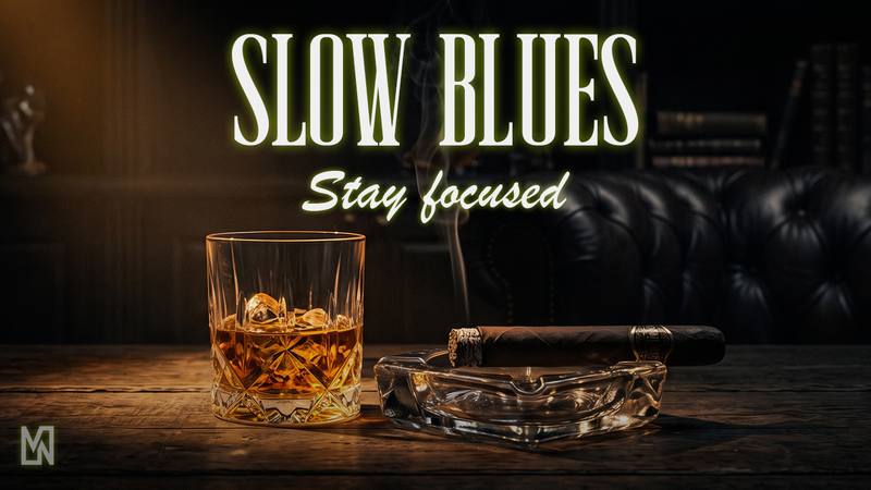 Slow Burn Sessions live stream thumbnail: a glass of whisky and a cigar on a dark bar, titled Slow Blues