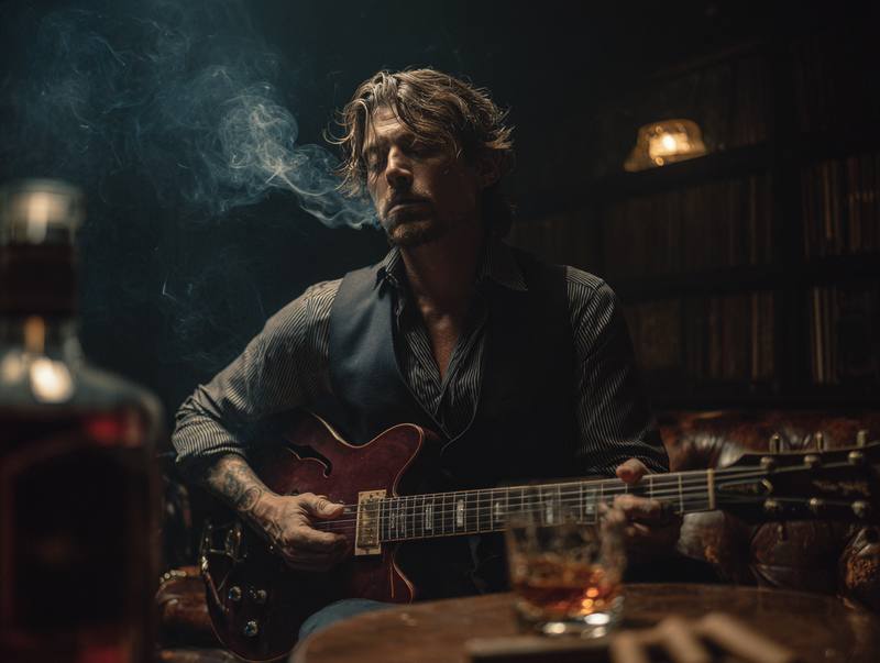 Slow Burn Sessions slow blues artwork: a man with his eyes closed plays an electric guitar in a dim, smoky room, a glass of whisky in front of him
