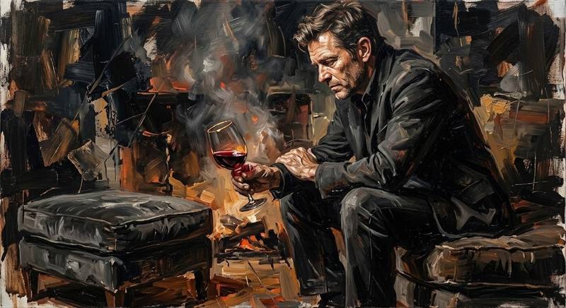Smoke & Velvet Sessions noir jazz artwork: a painting of a man in a dark suit by a fire, looking down at a glass of red wine