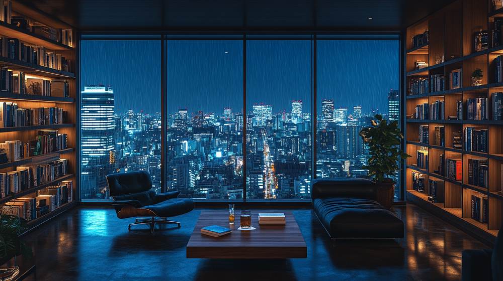 A dark library high above Tokyo at night, rain on the windows and the lit city grid below