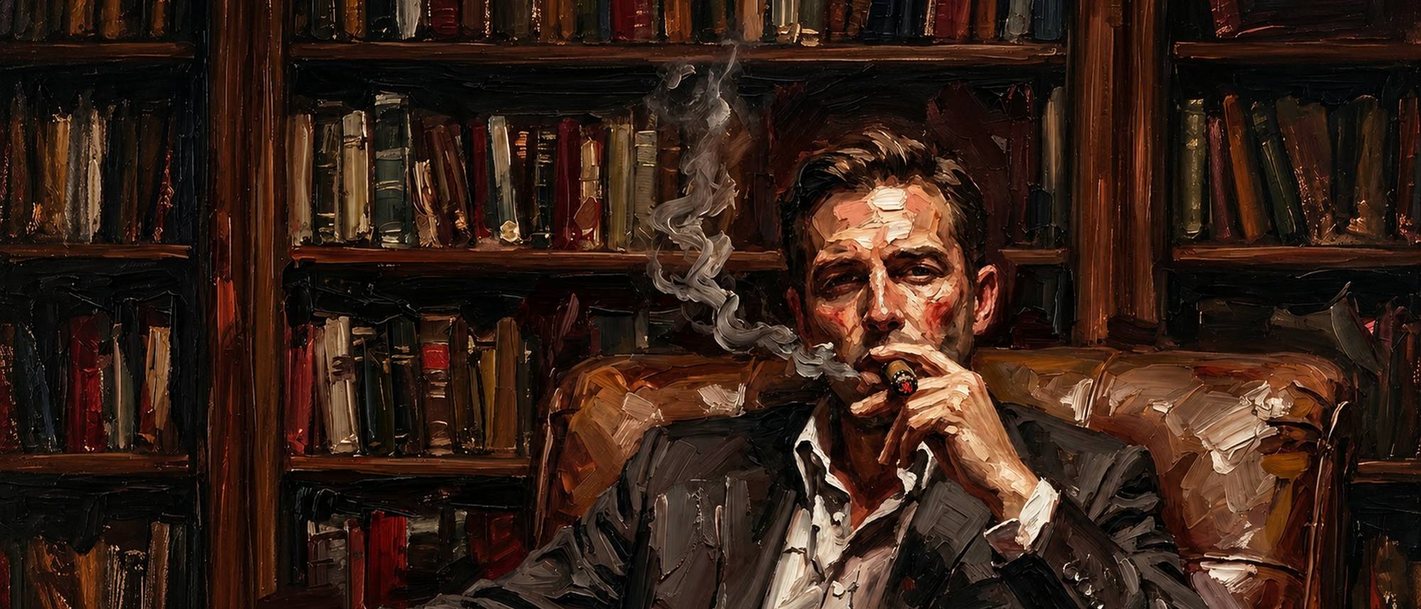 Velnnoir artwork: a painting of a man in a leather armchair, smoking a cigar in front of shelves of books